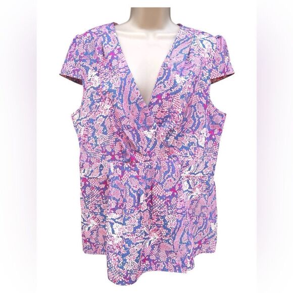 Banana Republic Tops - BANANA REPUBLIC XL Pink Blue SNAKE PRINT Wrap Blouse Cap Sleeves V-Neck